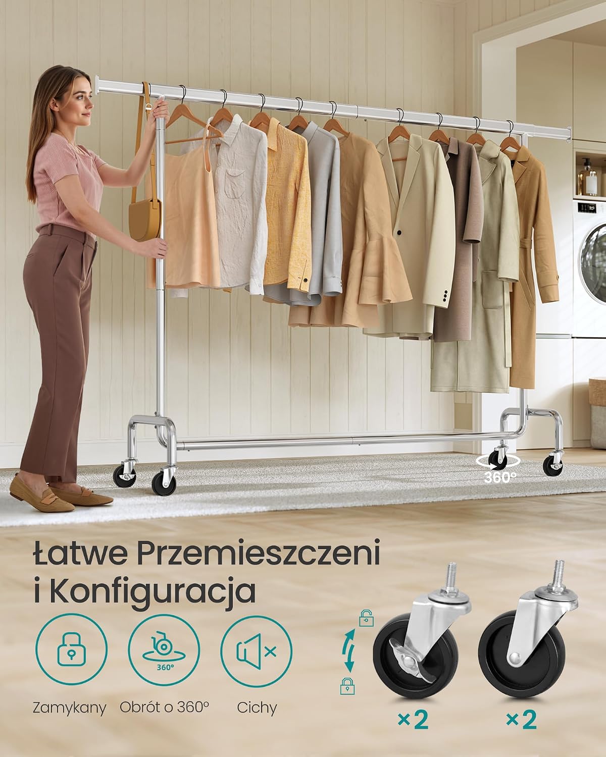 Detalle 1 de SONGMICS PATAYE HSR176E01 – wieszak na kółkach, regulowany drążek, do 110 kg
