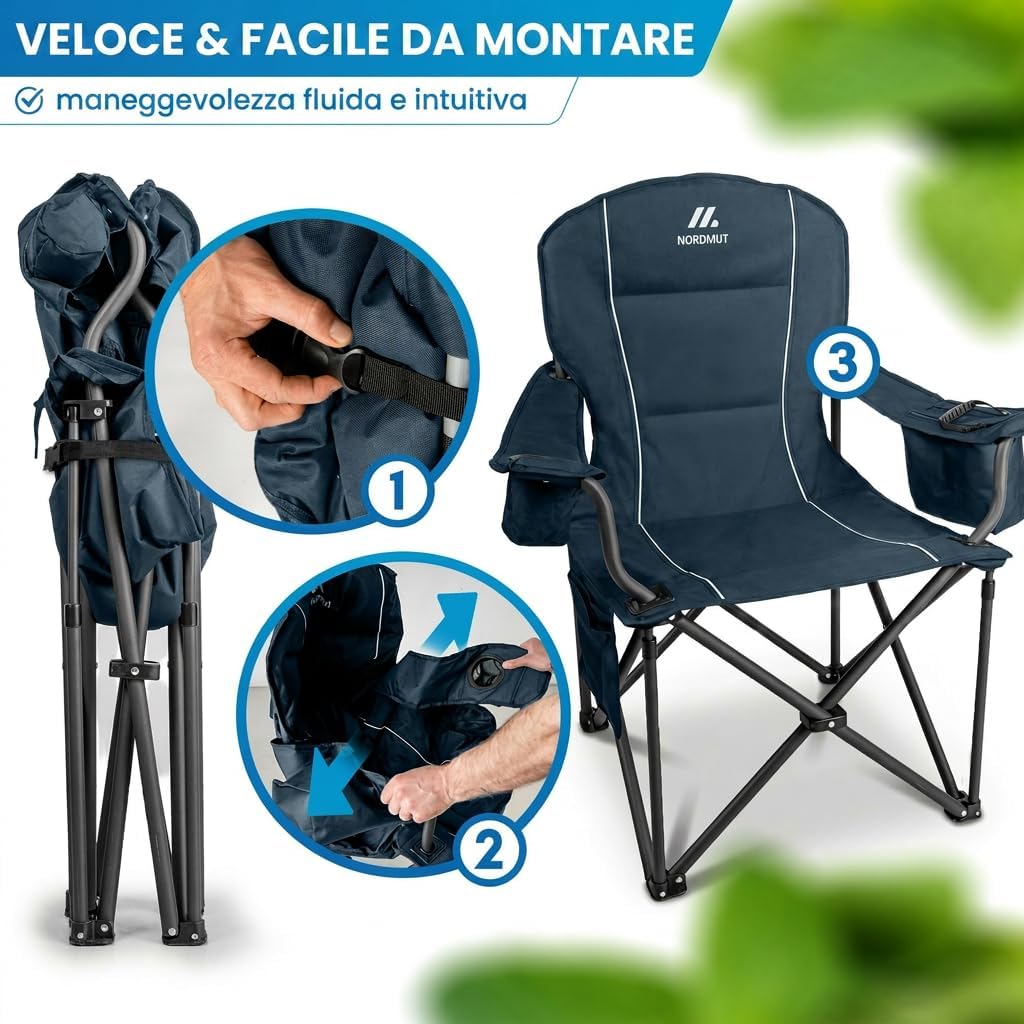 Thumbnail 4 de NORDMUT Sedia da campeggio pieghevole leggera con portabicchieri e borsa frigo – Blu navy