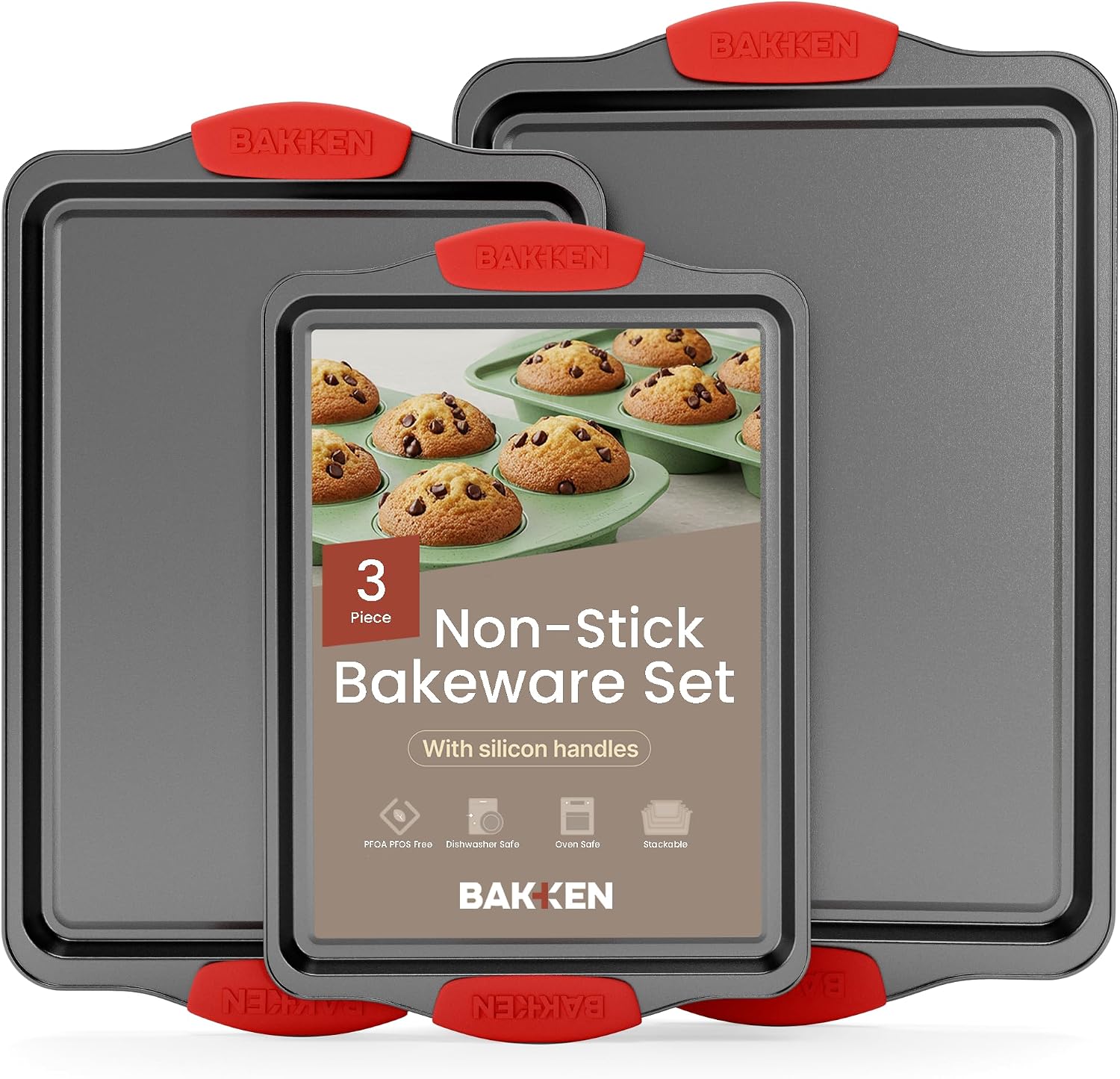 Detalle de Bakken 3-Piece Cookie Sheet Set, Non-Stick Carbon Steel with Silicone Handles