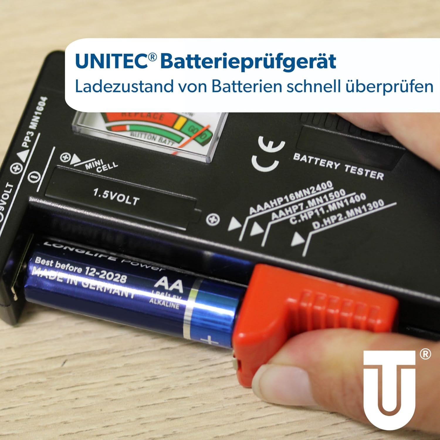 Detalle 2 de UNITEC 46021 Universal Batterieprüfgerät: 1,5 V/9 V, Schwarz