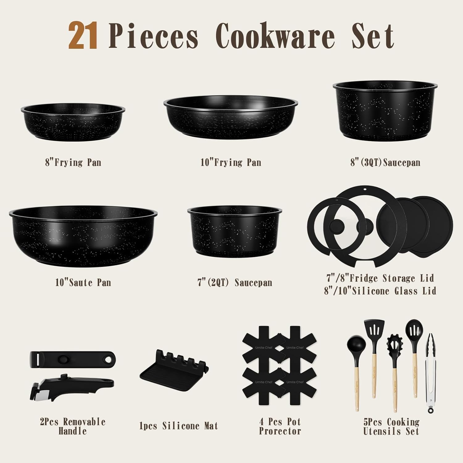 Thumbnail 1 de Umite Chef 21Pcs Pots and Pans Set with Detachable Handles: Healthy Nonstick, Induction Ready, and Space-Saving