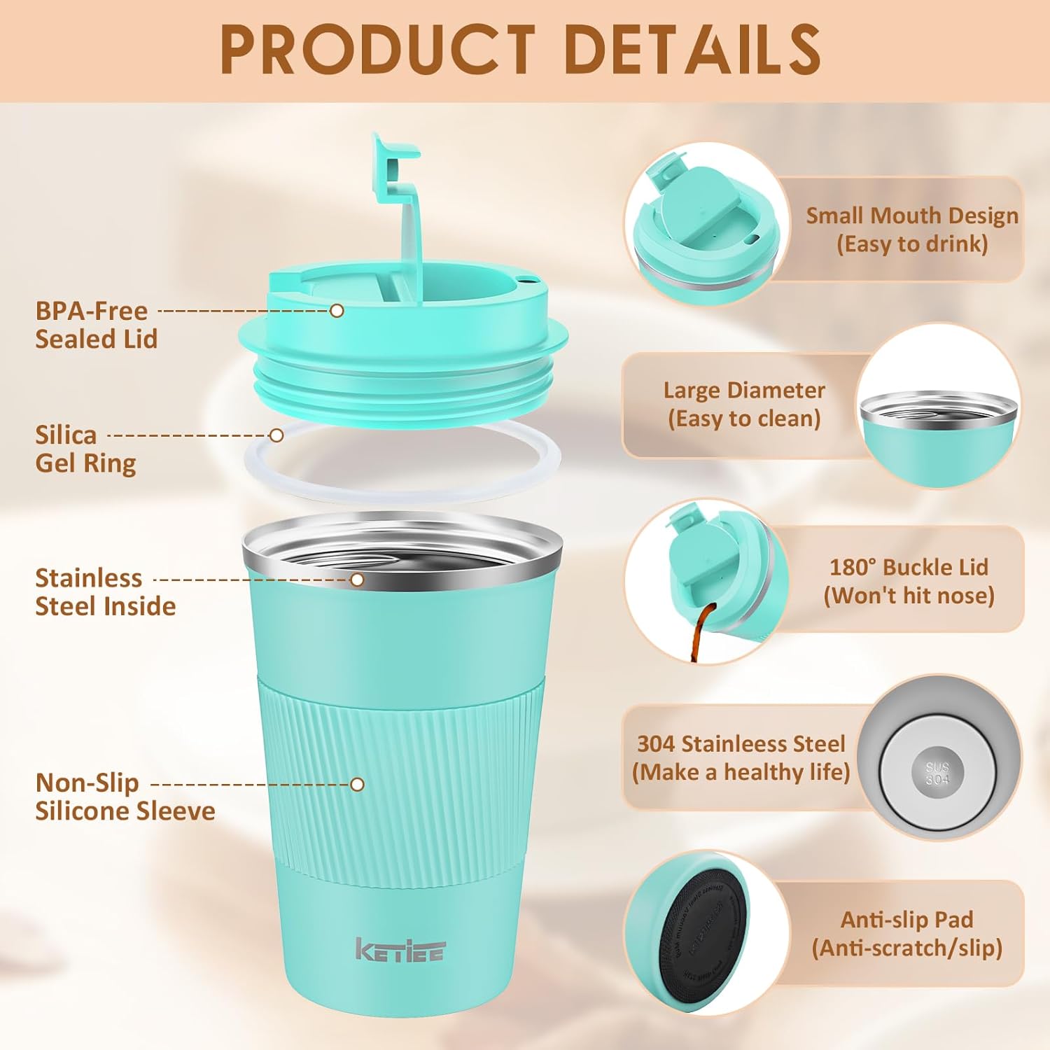Detalle de KETIEE Travel Mug Coffee Cup Stainless Steel 380ml (T-Blue)