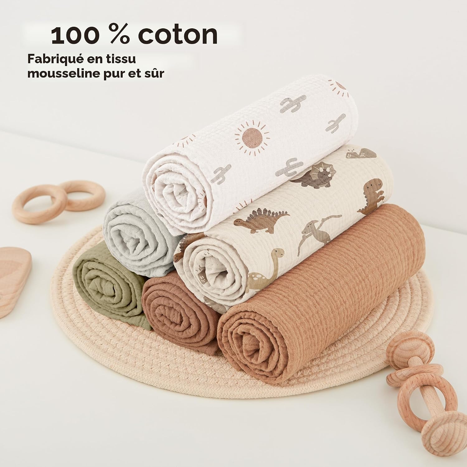 Thumbnail 5 de Bearmoss Langes Coton BéBé – Lot de 6 lingettes en mousseline 60x60 cm, absorbantes et respirantes