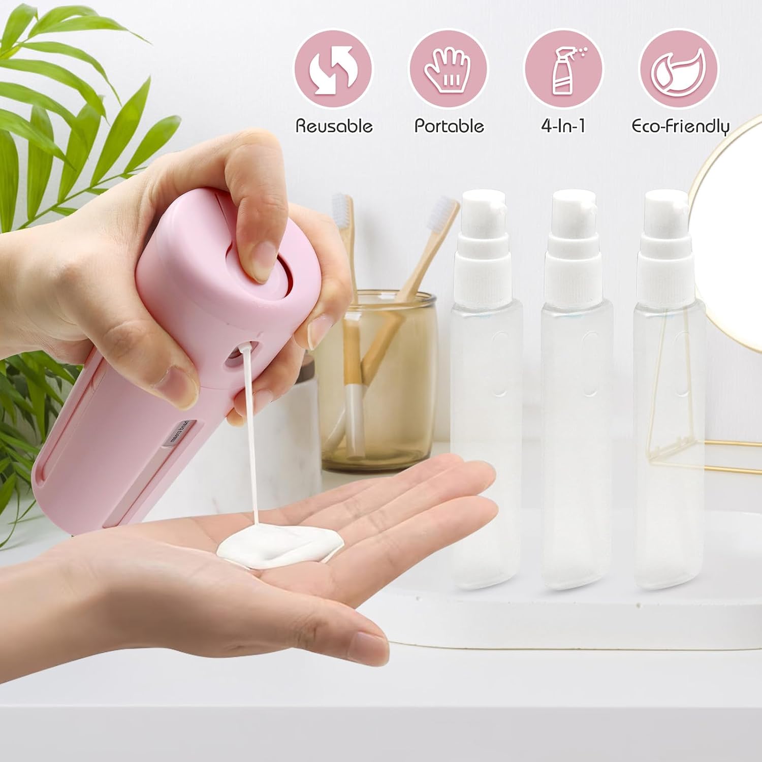 Thumbnail 3 de VEGCOO 4 in 1 Travel Bottle Dispenser (Pink) – 30ml Rotating, Leakproof & Refillable Set