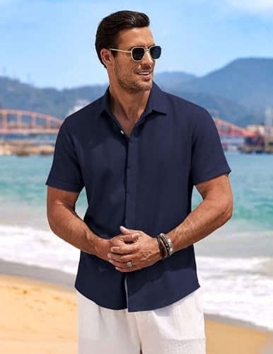 Detalle 2 de COOFANDY Summer Linen Short Sleeve Shirt for Men – Navy Blue (L)