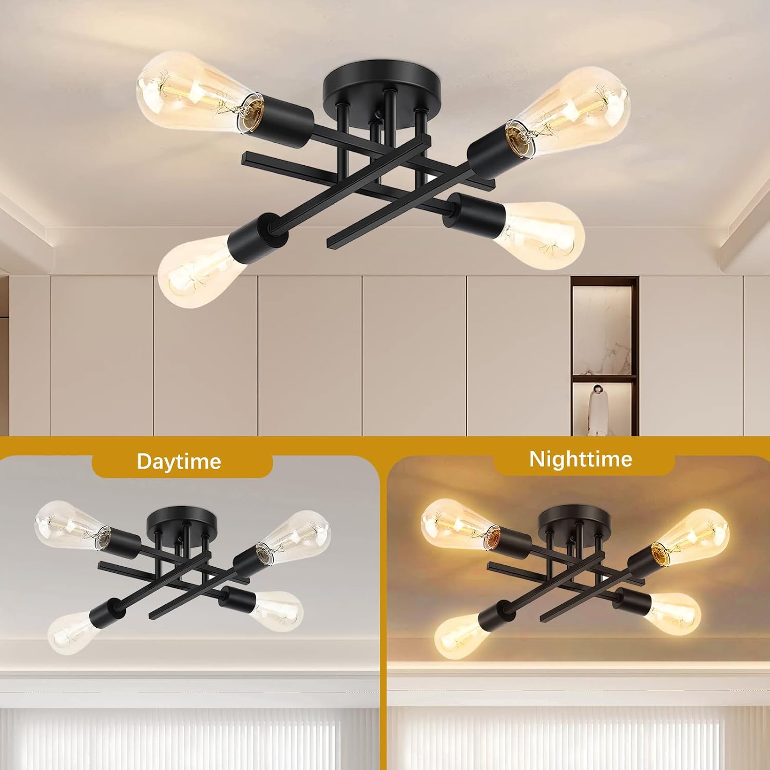 Detalle de Maichixin 4-Light Semi-Flush Mount Ceiling Light, Matte Black Metal