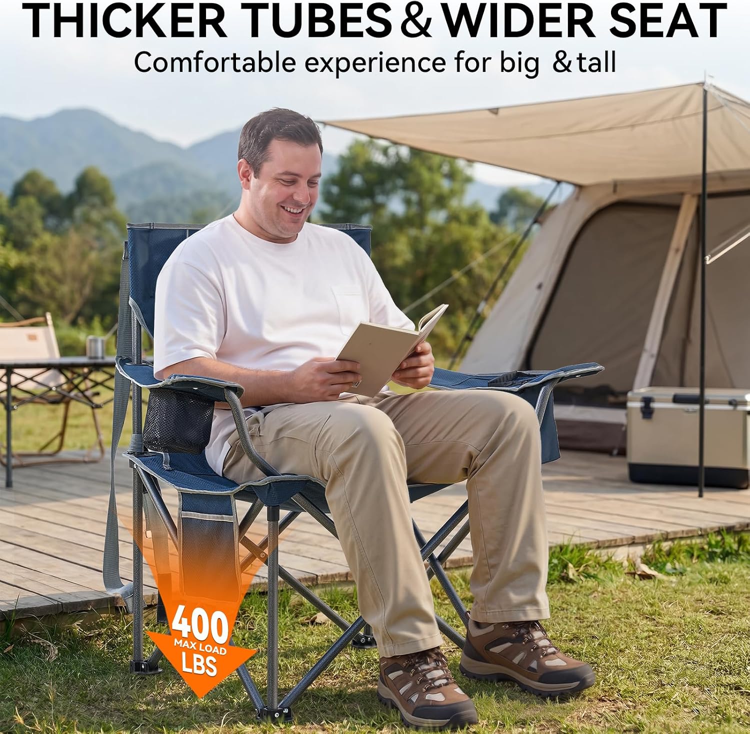 Detalle de Huskfirm 2 Pack Oversized Camping Chairs: Heavy-Duty Folding Lawn Chairs with Cooler and Cup Holders