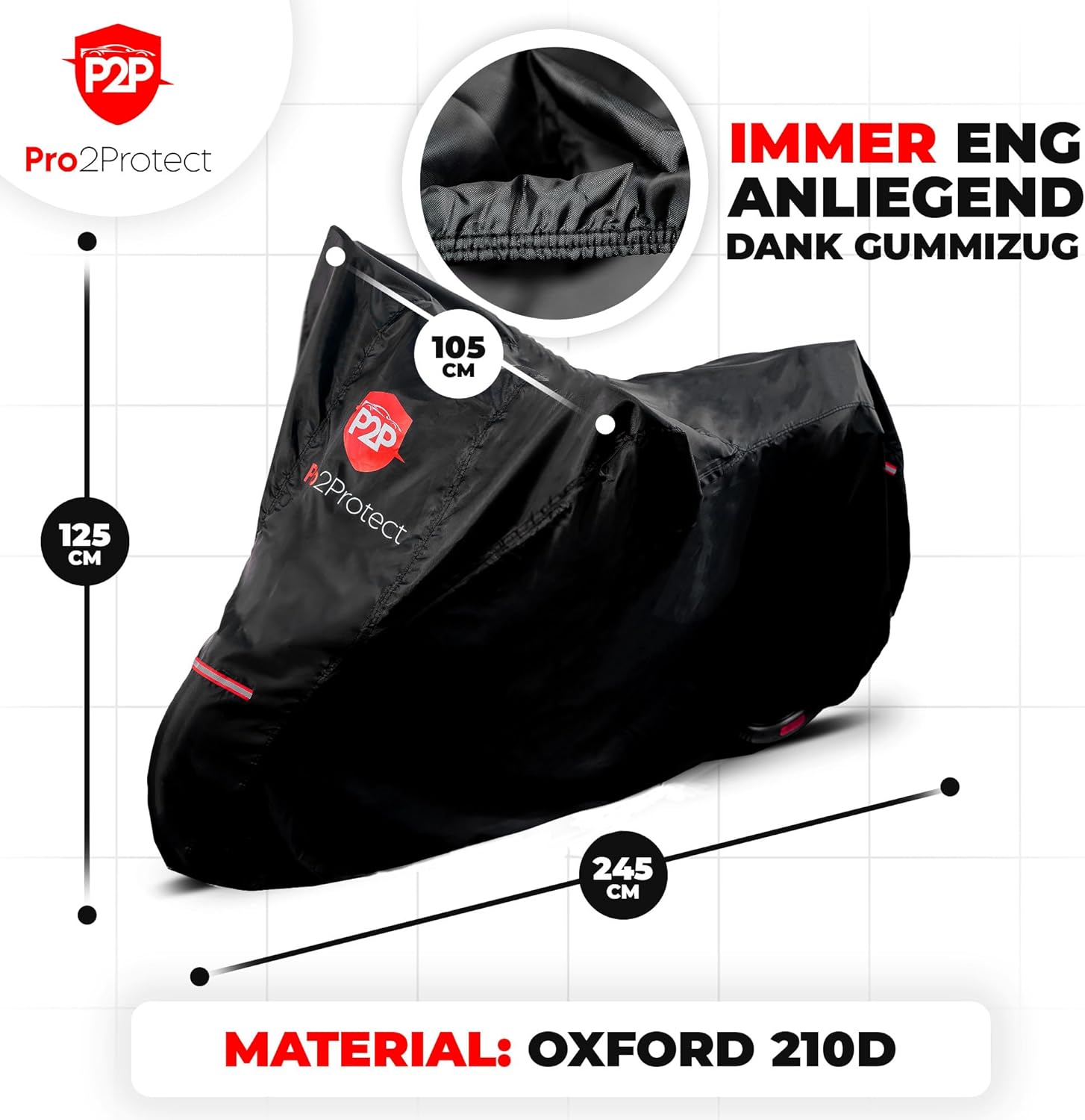 Detalle de Pro2Protect Motorrad Abdeckplane Schwarz Rot – universell, wasserdicht, 245x105x125 cm