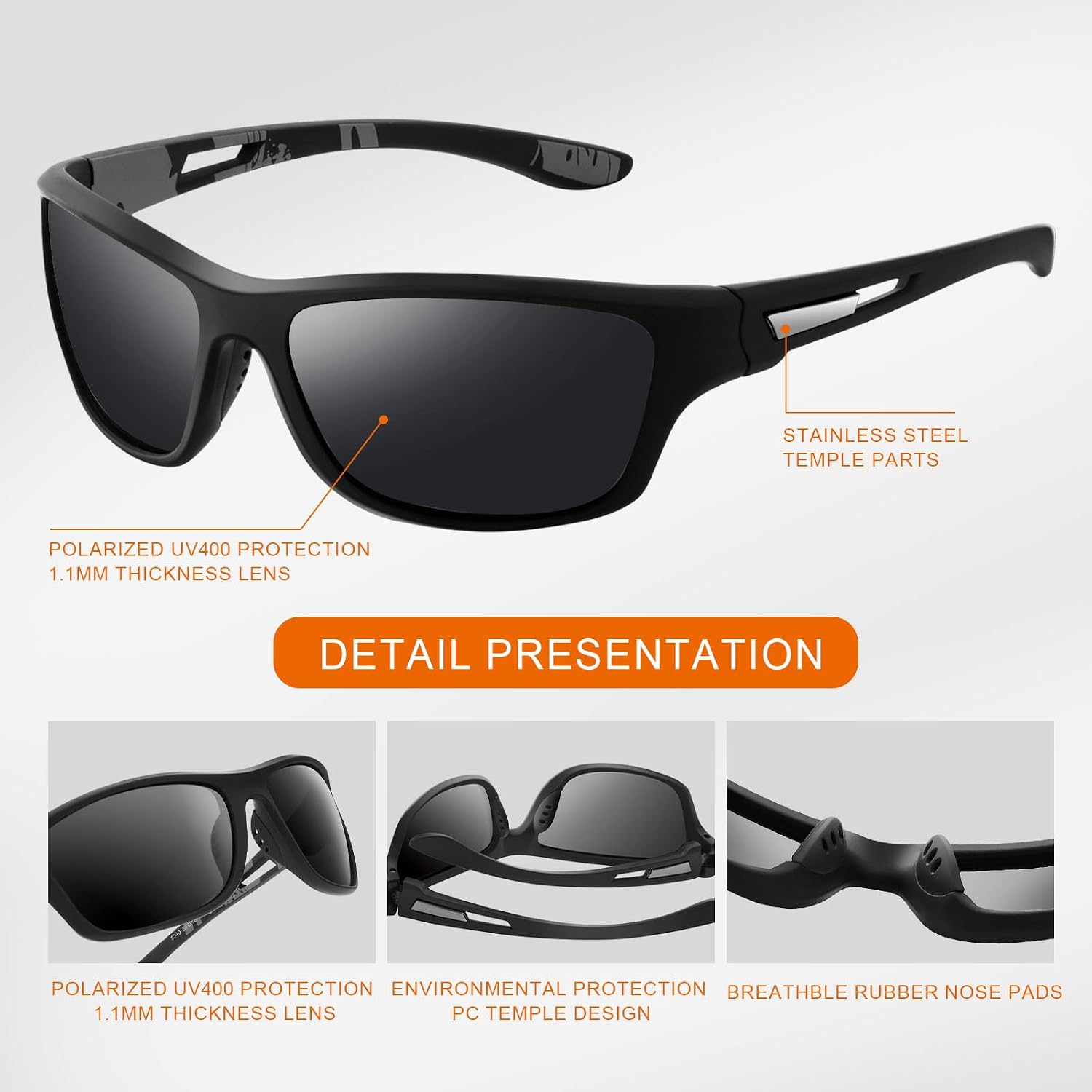 Detalle de suoso Polarized Sports Sunglasses, UV400 Wraparound Design for Outdoor Use