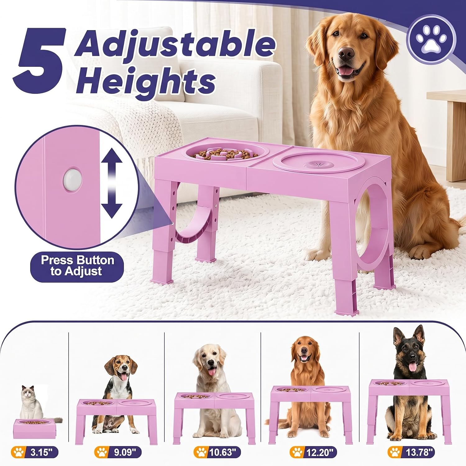 Detalle de XiaZ C-Pink New Elevated Dog Bowl Stand with Adjustable Height and Slow-Feed Bowls