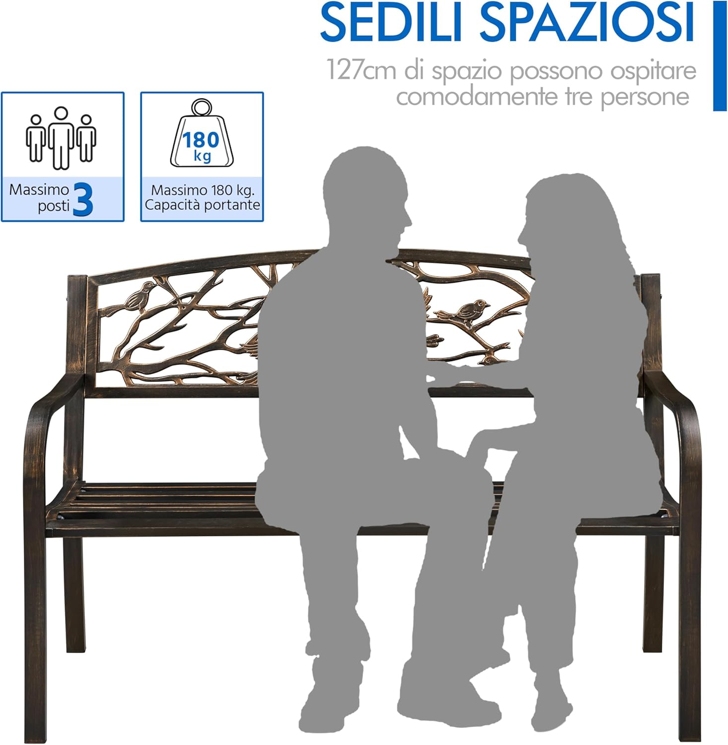 Thumbnail 5 de Yaheetech Panca da Giardino in Ferro 127 cm: stile chic e robustezza con braccioli e schienale decorato