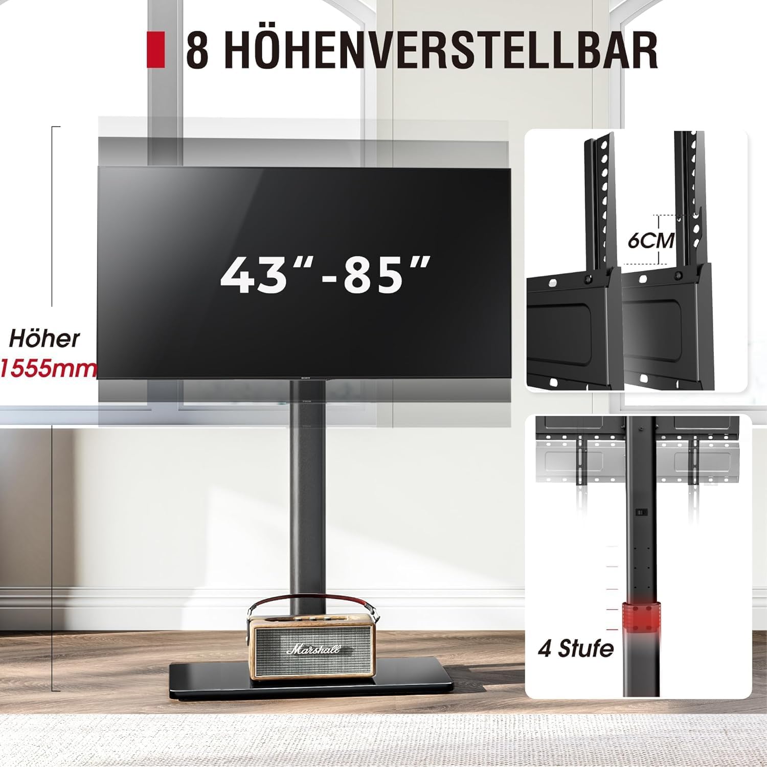 Detalle de AOKCOS TV Ständer Bodenständer – Höhenverstellbar 1,6 m, Neig- und Schwenkbar, VESA 600x400, max 50 kg