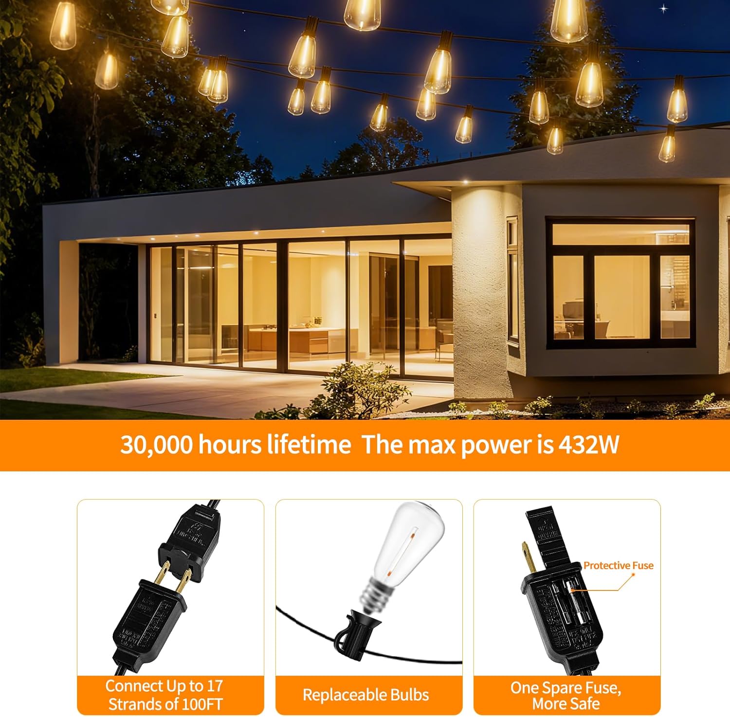 Detalle de LED Outdoor String Lights 400ft with 212 Shatterproof ST38 Bulbs — Weatherproof, Dimmable, Connectable Patio Lighting
