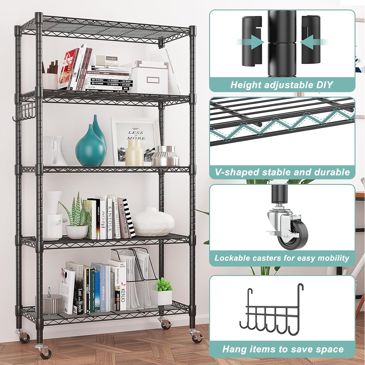 Detalle 1 de Himimi 5-Tier Wire Shelving Unit on Wheels, Adjustable Carbon Steel Rack