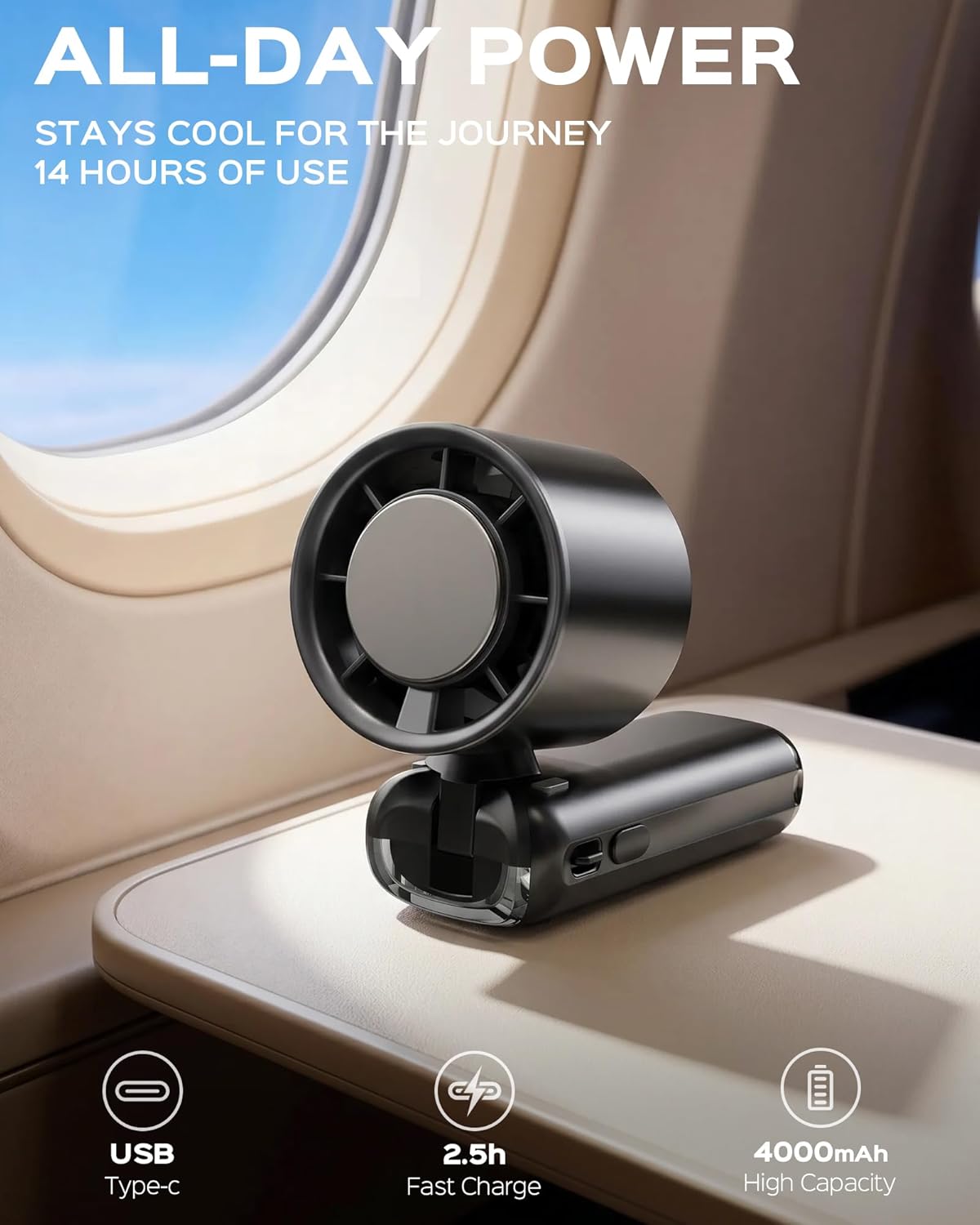 Thumbnail 2 de CuteV Portable Handheld Fan: 3-in-1 4000mAh USB-C Rechargeable Personal Cooler