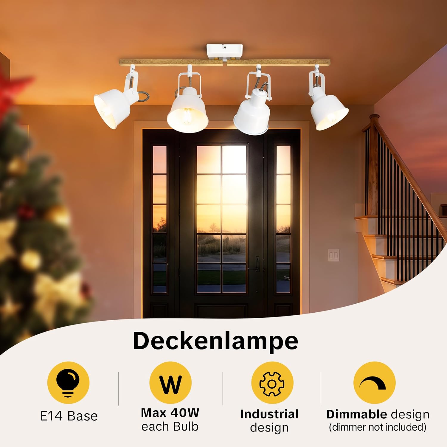 Detalle de Aulaiyi 4-flammiger Deckenstrahler mit schwenkbaren Spots (E14, 350°) – Vintage Deckenleuchte in Weiß