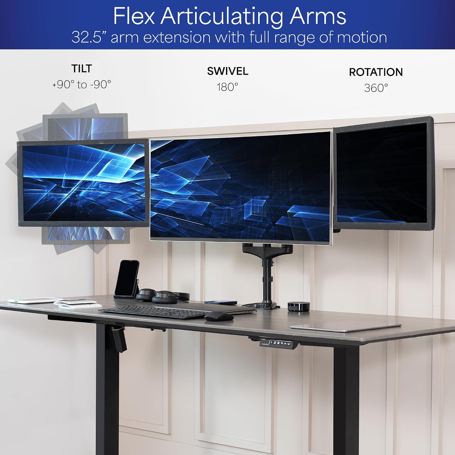 Detalle de VIVO STAND-V300G: Triple Pneumatic Monitor Mount for 3 Screens (17"–32", 17.6 lbs each) with Heavy-Duty Desk Stand