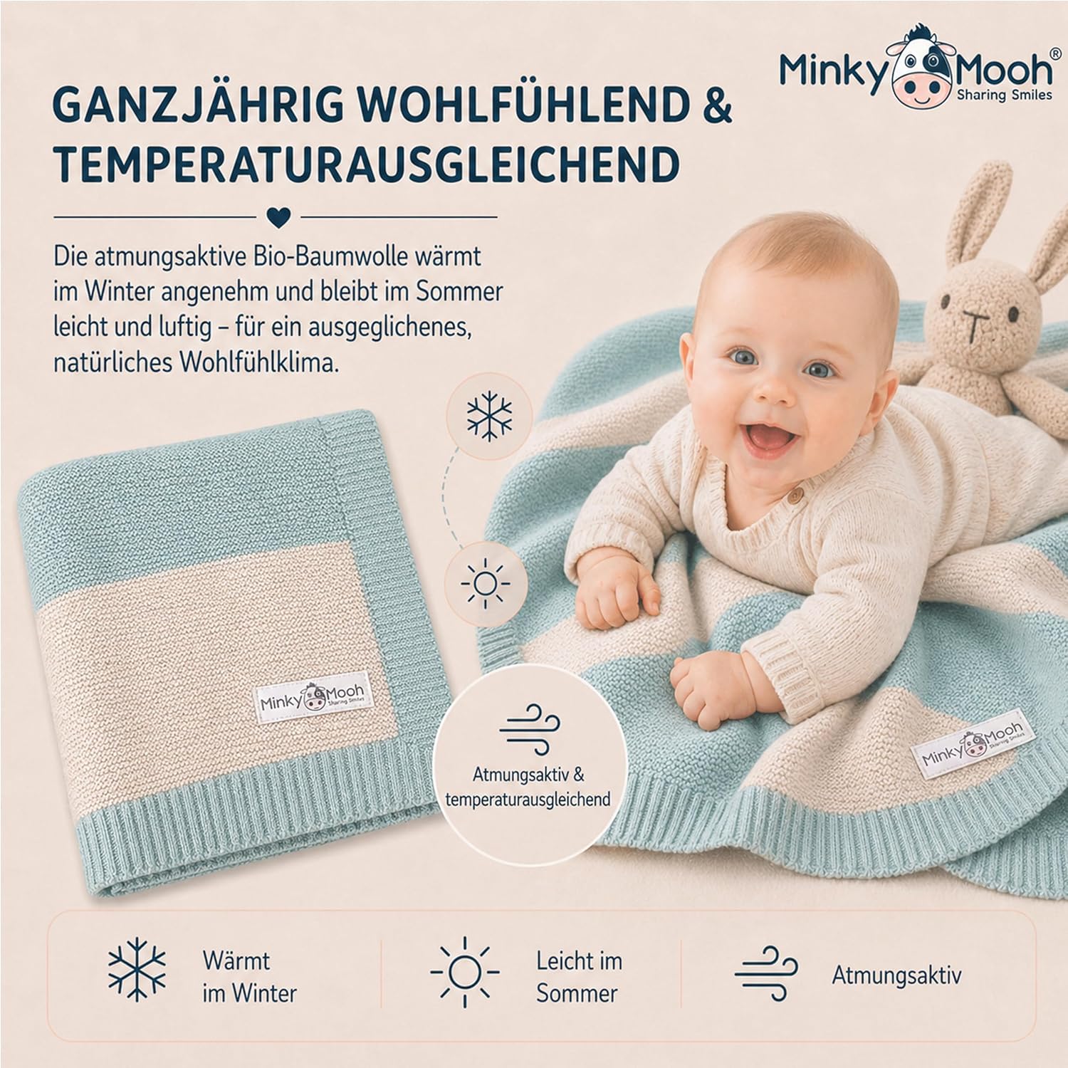 Thumbnail 6 de Minky Mooh® Babydecke aus 100% Bio-Baumwolle – Mint, 94x72 cm