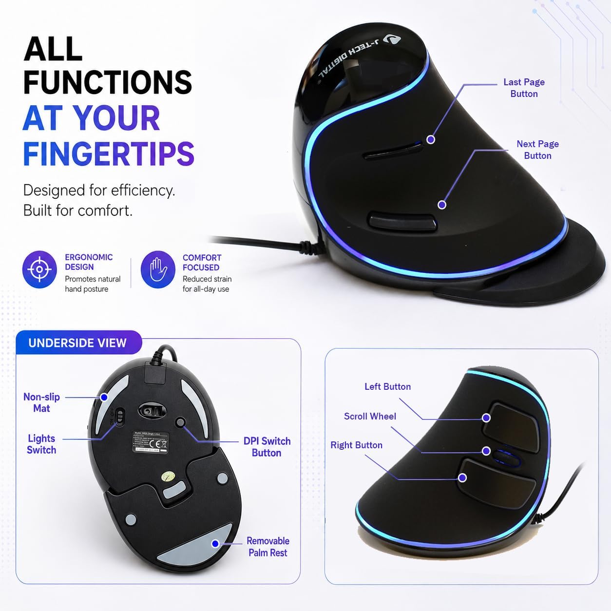 Thumbnail 1 de J-Tech Digital Wired Ergonomic Vertical USB Mouse (V628) with Adjustable DPI