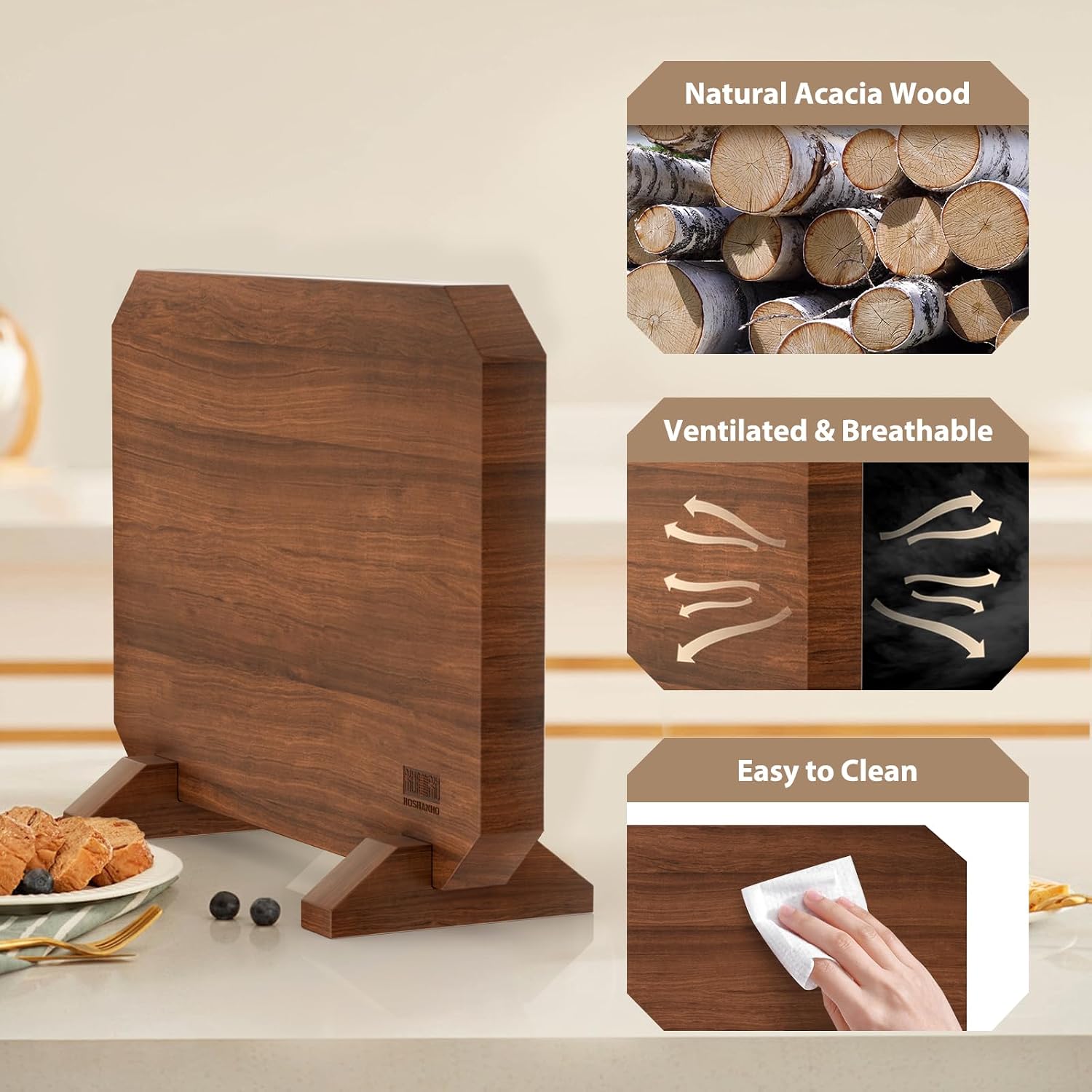 Detalle de HOSHANHO Magnetic Knife Block, Acacia Wood