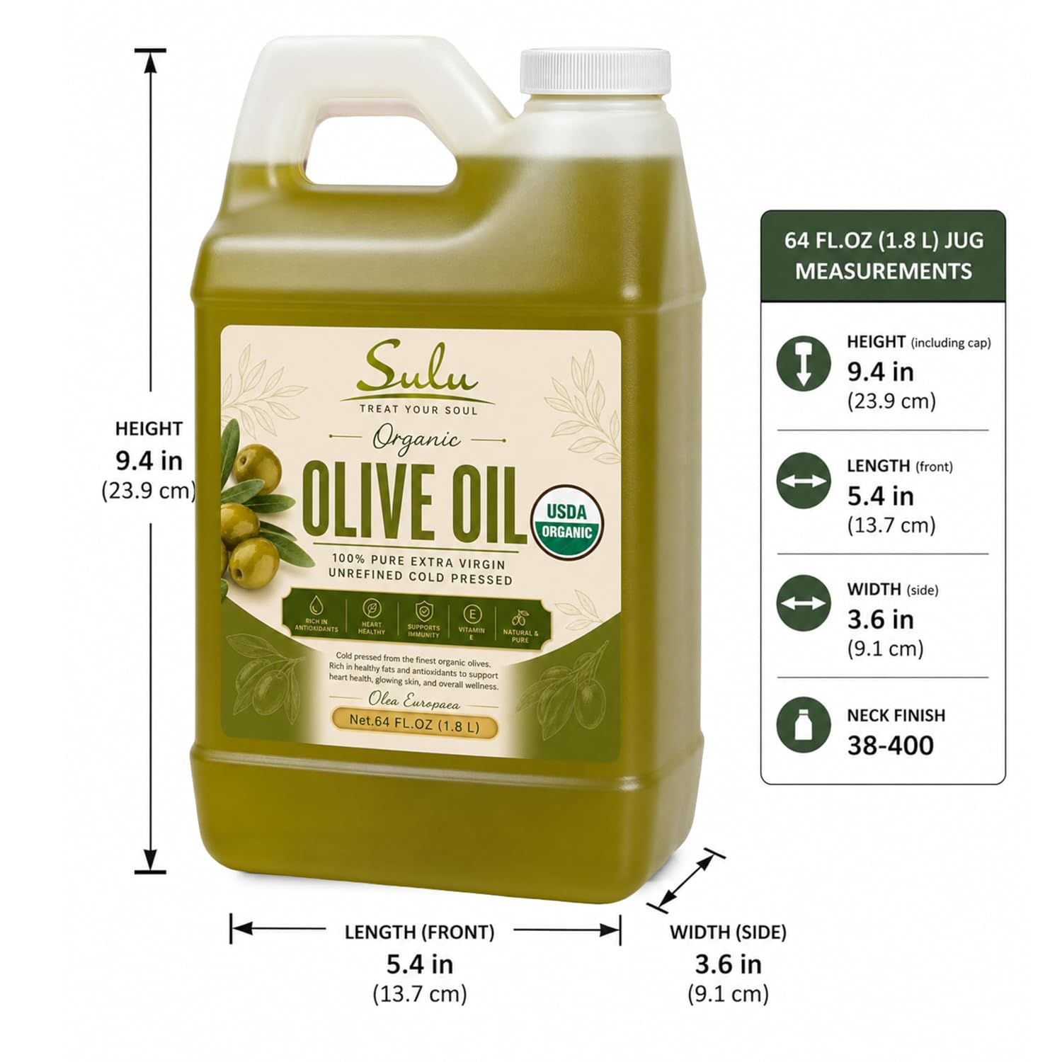 Detalle de SULU ORGANICS Organic Extra Virgin Olive Oil, 64 fl oz, Cold-Pressed