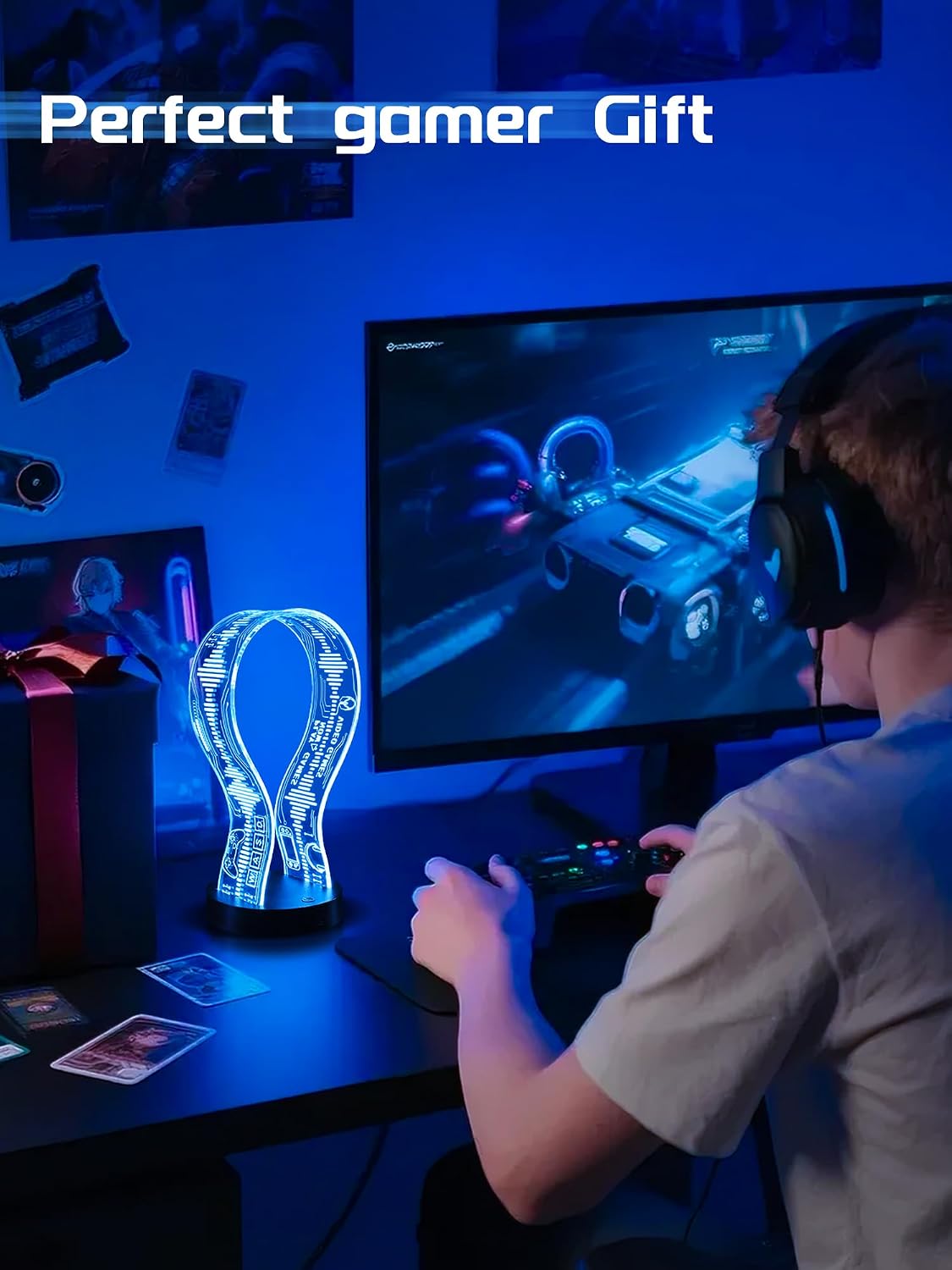 Detalle de CoolGift Mart Leuchtender Kopfhörerständer mit 16 LED-Farben, Gaming-Design und USB-/Typ-C-Anschluss