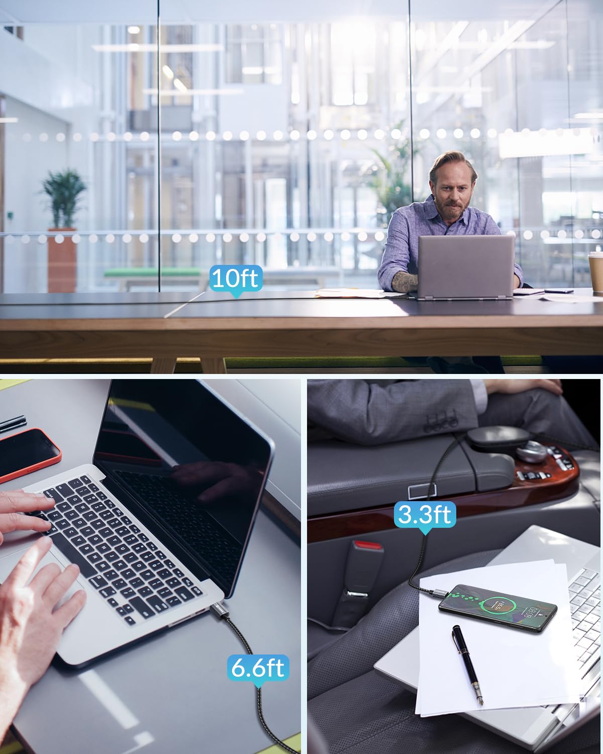 Detalle 2 de PHIXERO 100W USB-C-auf-USB-C Kabel 3 m – Nylongeflochtenes PD 3.0 Kabel für MacBook, iPhone 17/16/15, Galaxy S25/S24, Steam Deck