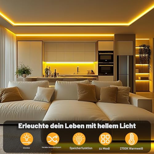 Detalle de COB LED-Streifen 5M 2700K Warmweiß (24V, 36W, 480 LEDs) von Ylatoial – dimmbar mit Adapter