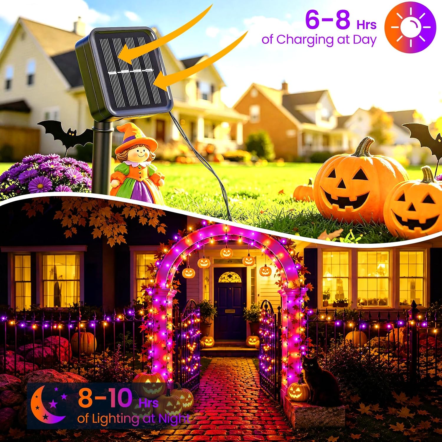 Detalle 2 de Moettany Solar Halloween String Lights, 100 LEDs, 45 ft, Orange and Purple