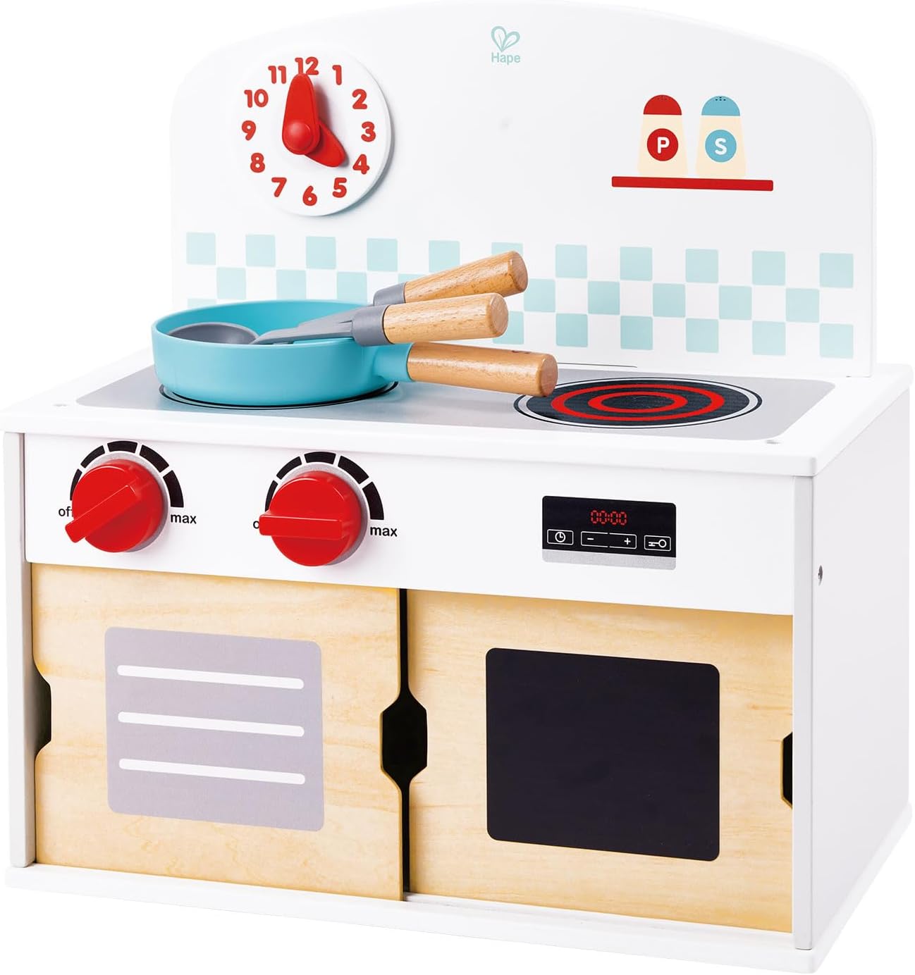 Detalle de Hape E7370 コンパクトおままごとキッチン 木製・つまみ音と可動式時計付き