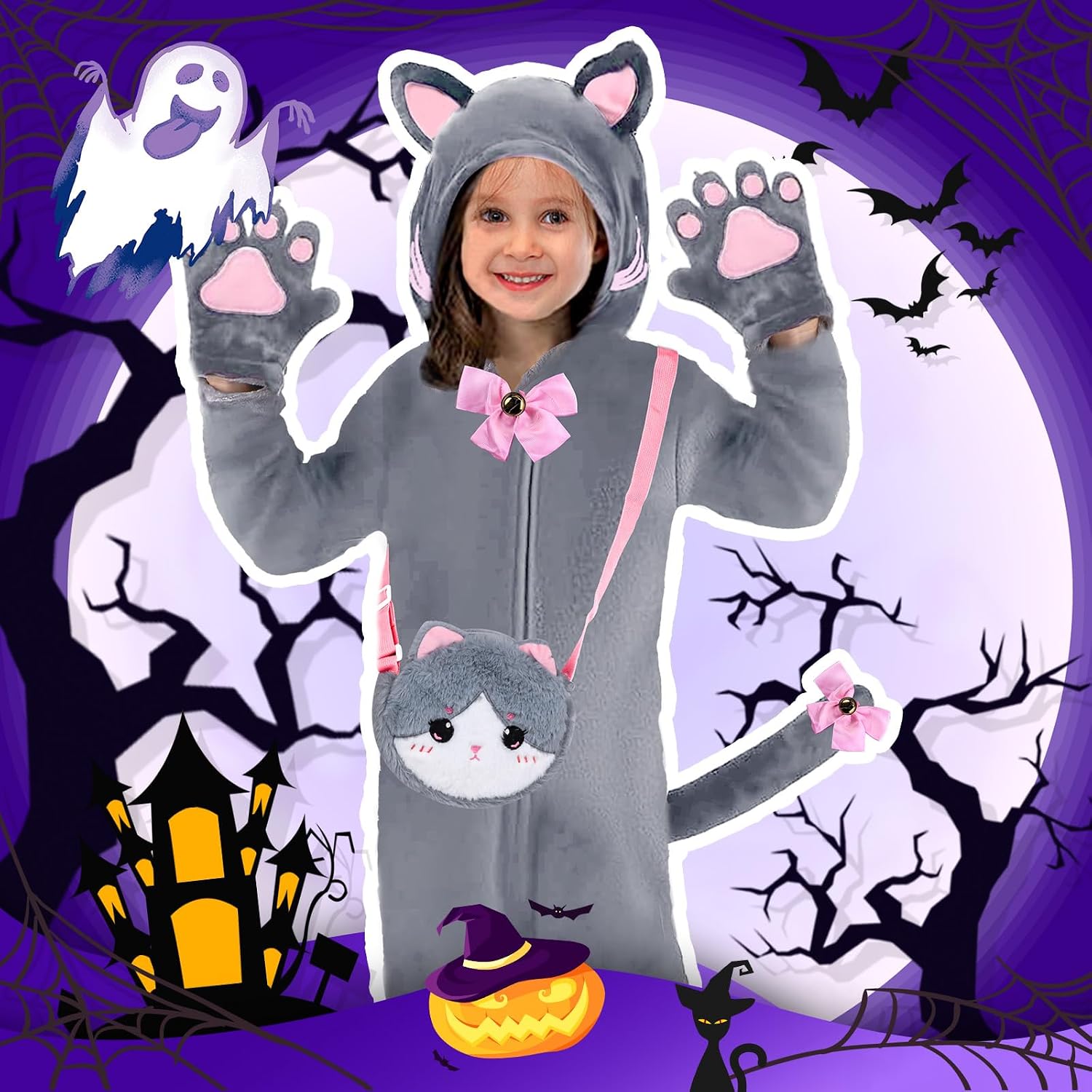 Detalle 1 de Gifts2U Halloween Cat Costume for Girls, 5–6 Years, Flannel Onesie & Bag