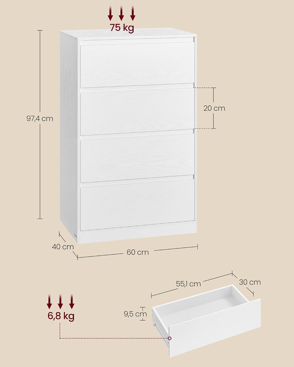 Detalle de VASAGLE Kailyn Commode 97,4 cm