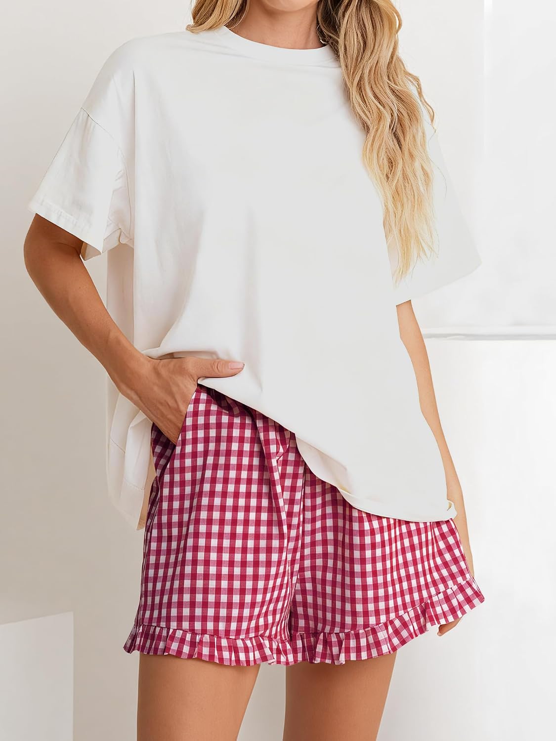 Detalle de ANRABESS Women’s Gingham Plaid Boxer Shorts with Elastic Waist Ruffle (Rayon)