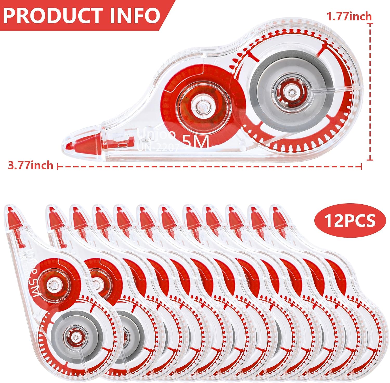 Detalle 2 de Unjoo Correction Tape, 12-Pack with Red Applicators and 5 m Tape