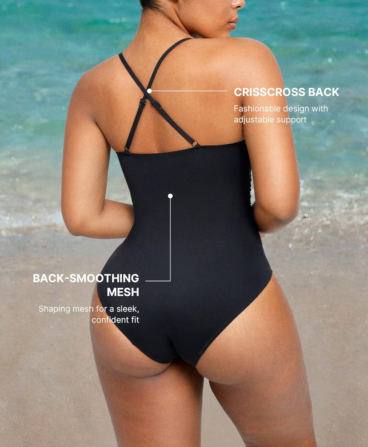 Detalle de SHAPELLX Womens Swimsuits: Tummy Control One-Piece with Ruched Waist and U-Ring