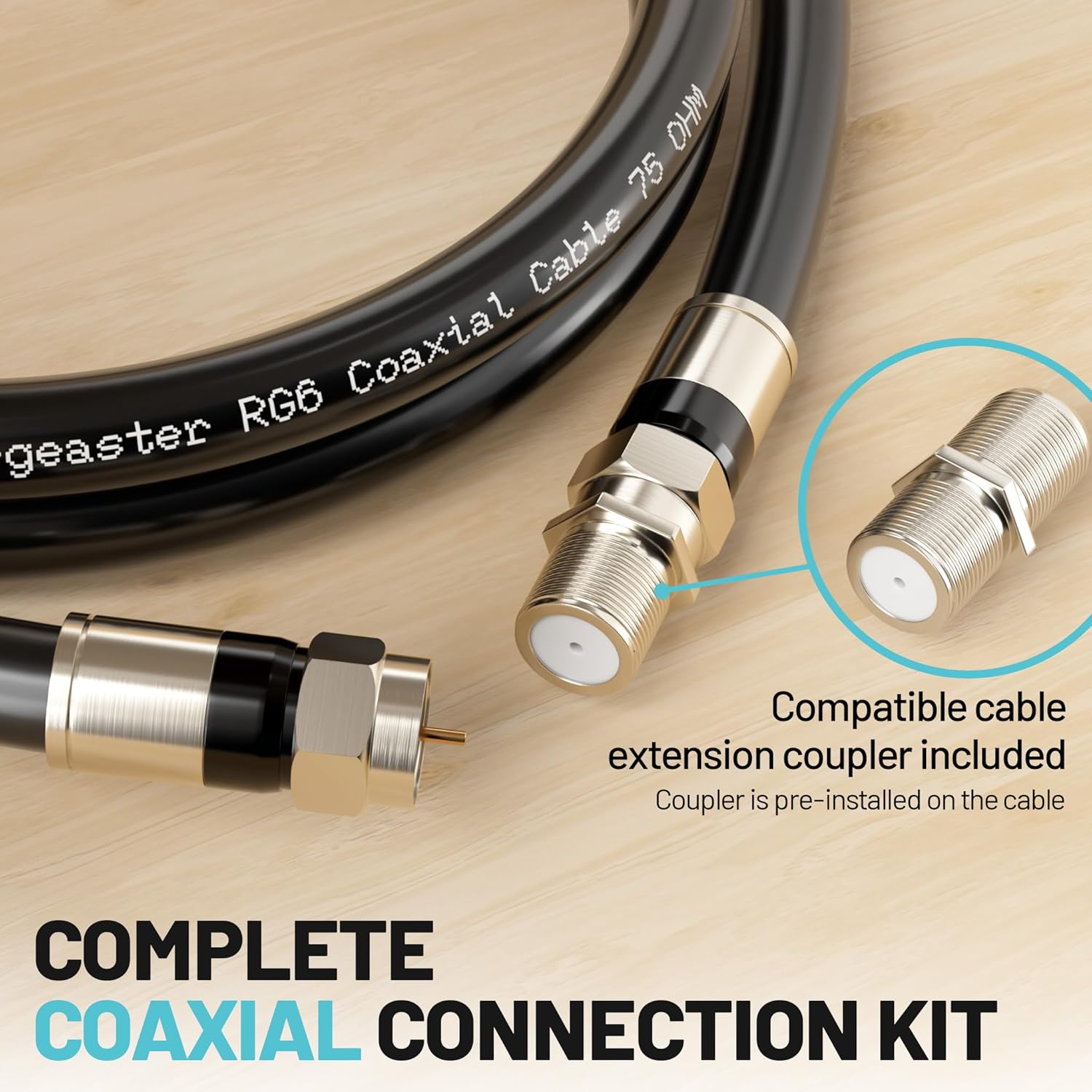 Thumbnail 1 de Energeaster 50FT RG6 Coaxial Cable with F-Type Connector (Black) — Coax Cable Extender for Internet and TV