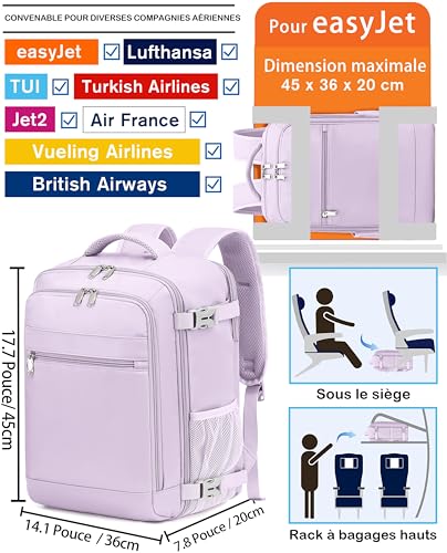 Detalle 2 de KLOSTAIN Sac à Dos Voyage Cabine – 45x36x20 cm (30 L), 15,6'' | Violet clair