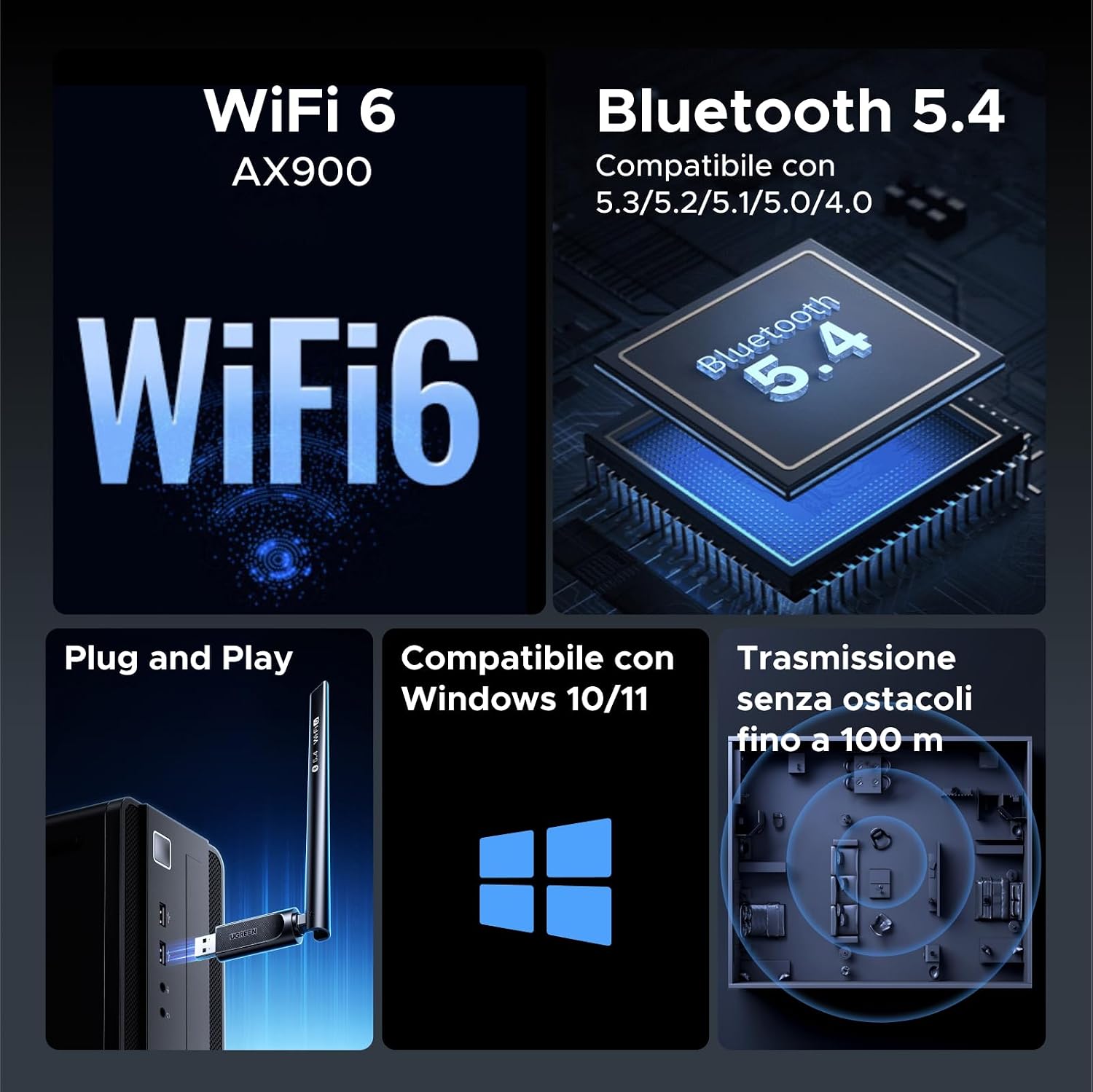 Thumbnail 1 de UGREEN AX900 adattatore Wi‑Fi 6 e Bluetooth 5.4 6dBi 📡