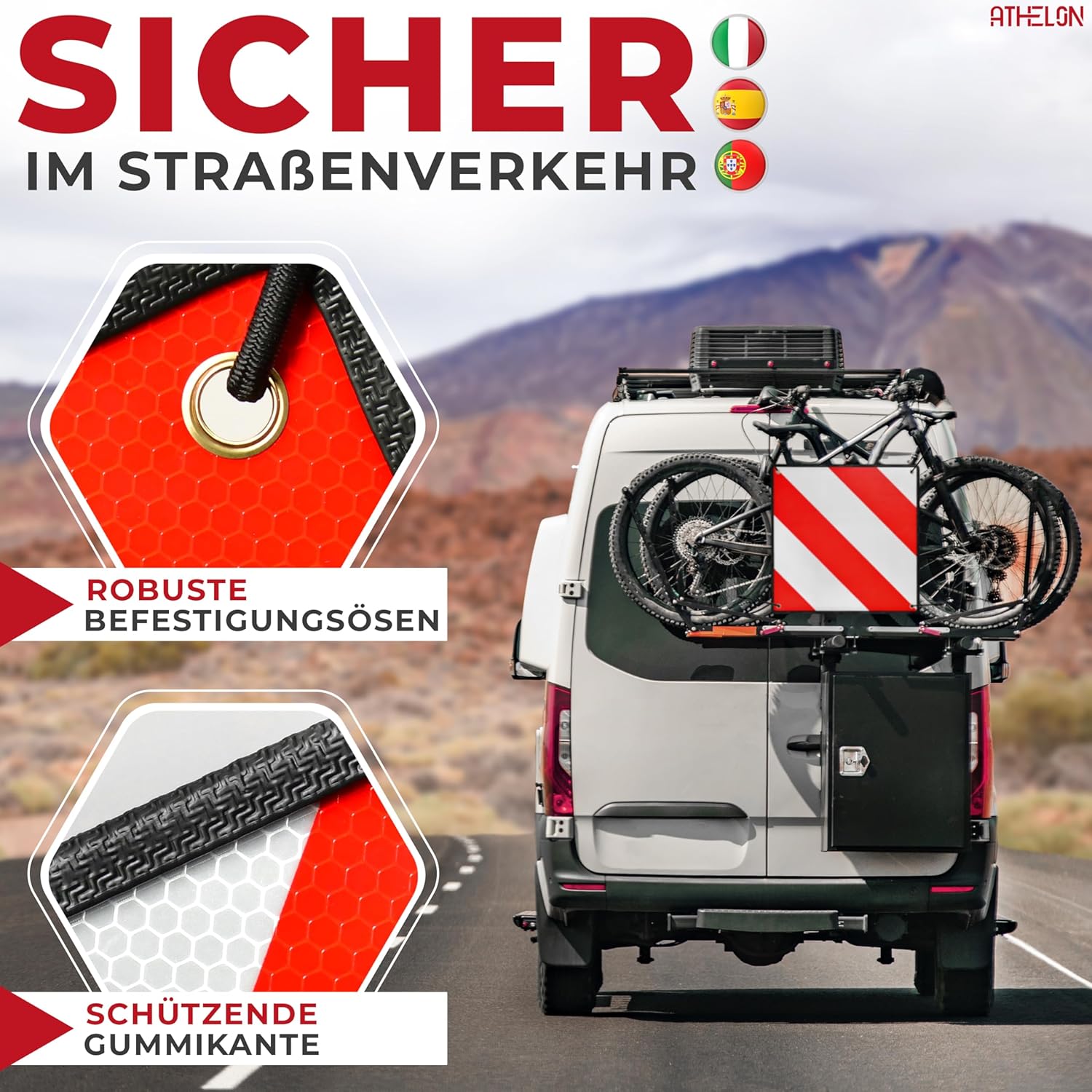 Thumbnail 2 de ATHELON® 3in1 Warntafel für Italien, Spanien & Portugal – reflektierendes Warnschild inkl. 4 Spanngurte & Schutzhülle