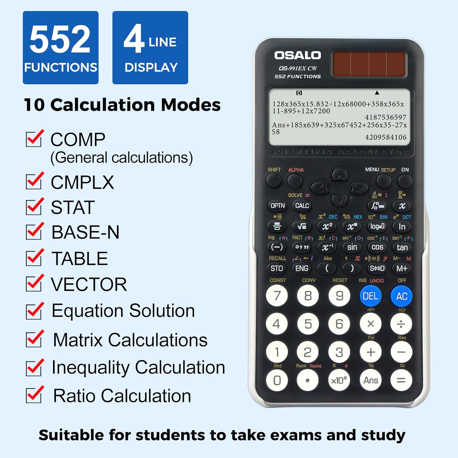 Thumbnail 3 de OSALO OS-991EX CW scientific calculator with 552 functions, 4-line written display (solar + battery)