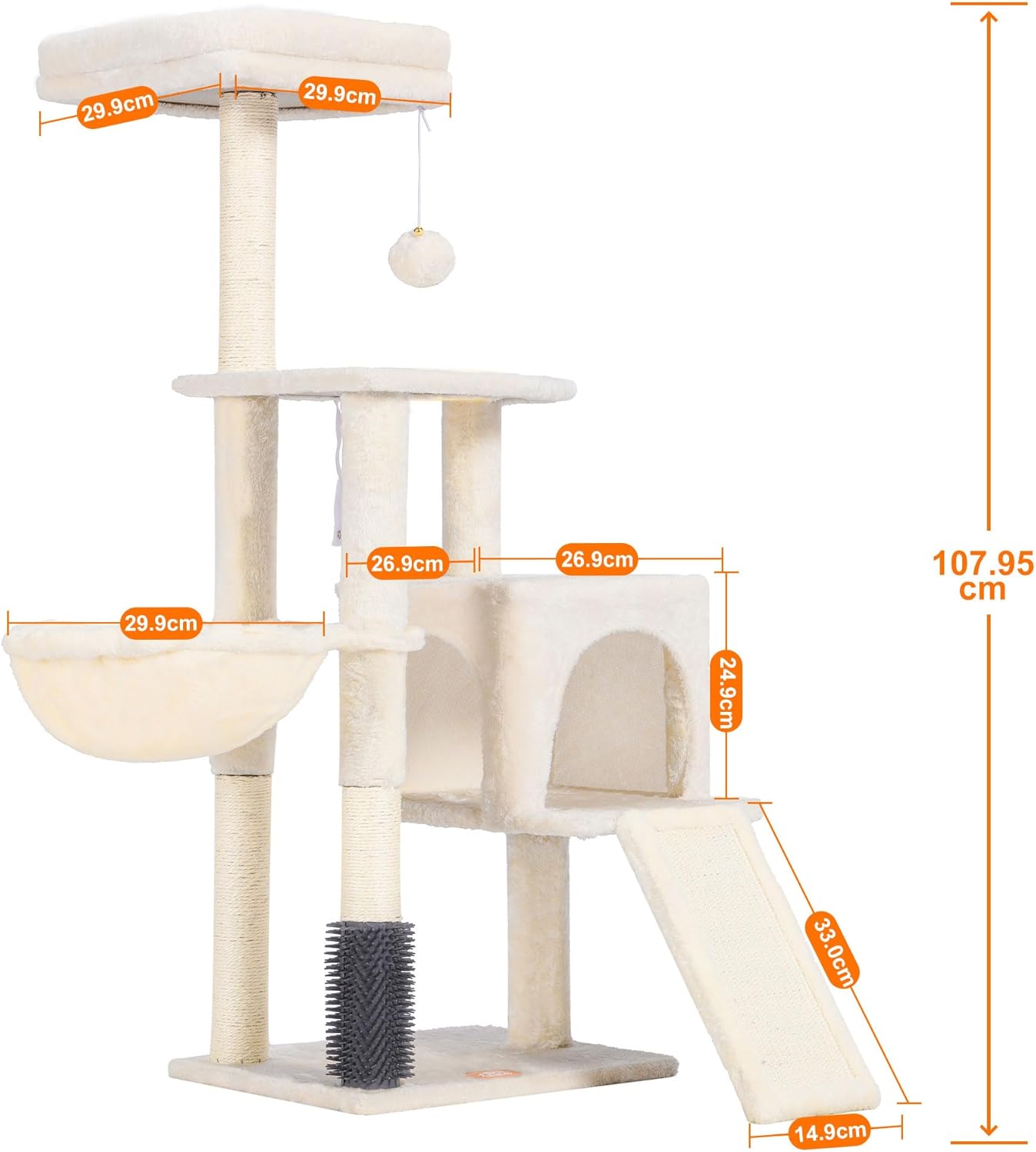 Detalle de Heybly Cat Tree with Self Groomer Brush (108cm) HCT005SM – beige cat tower with scratching post, padded perch & basket