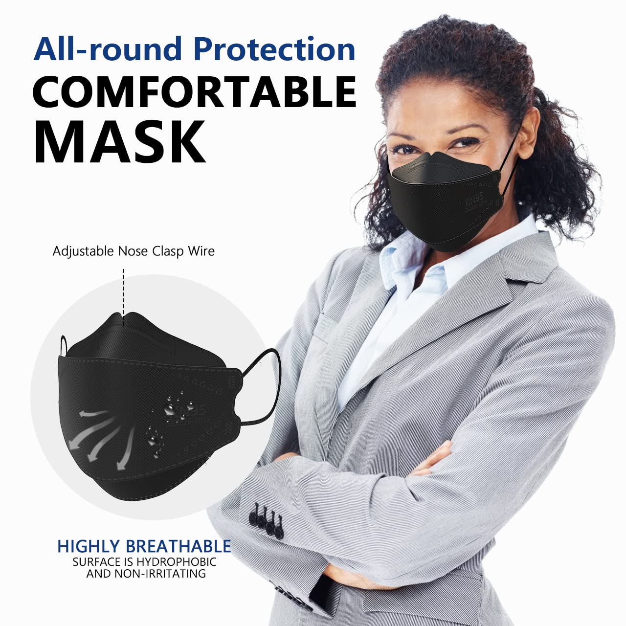 Detalle de LEVENIS KN95 Face Masks, Black Disposable 100-Pack with Lightweight 3D Design