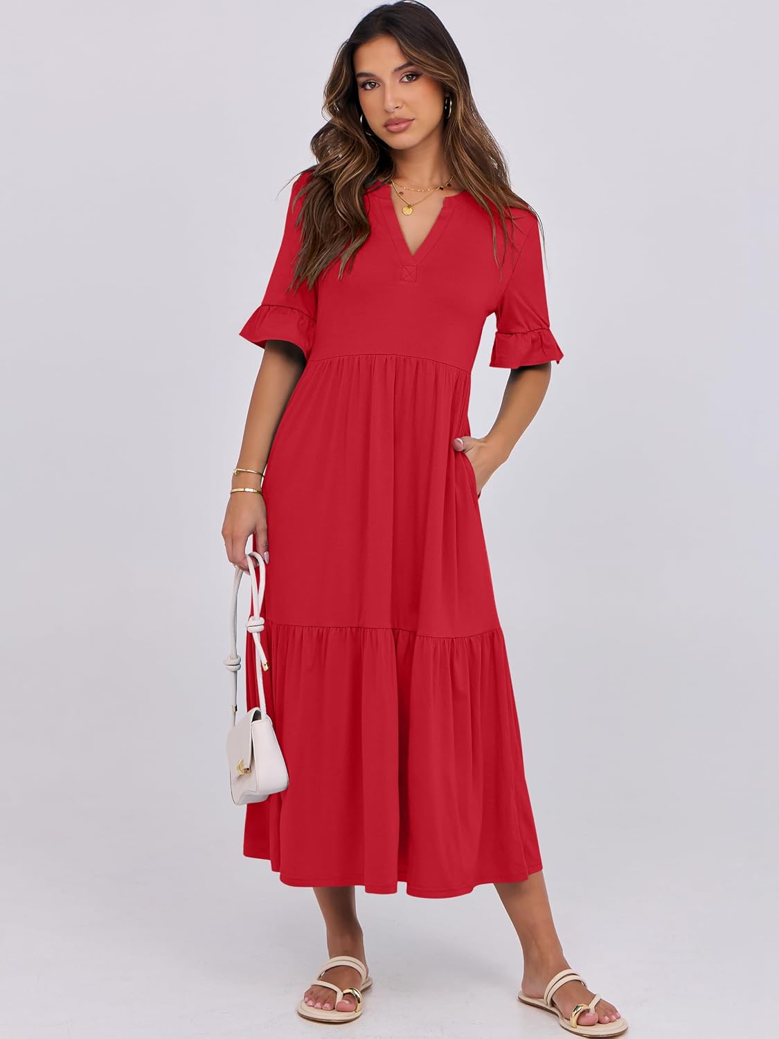 Detalle de ANRABESS Womens Summer Maxi Dress: Casual Ruffle Sleeve V-Neck Boho Midi-Vibe