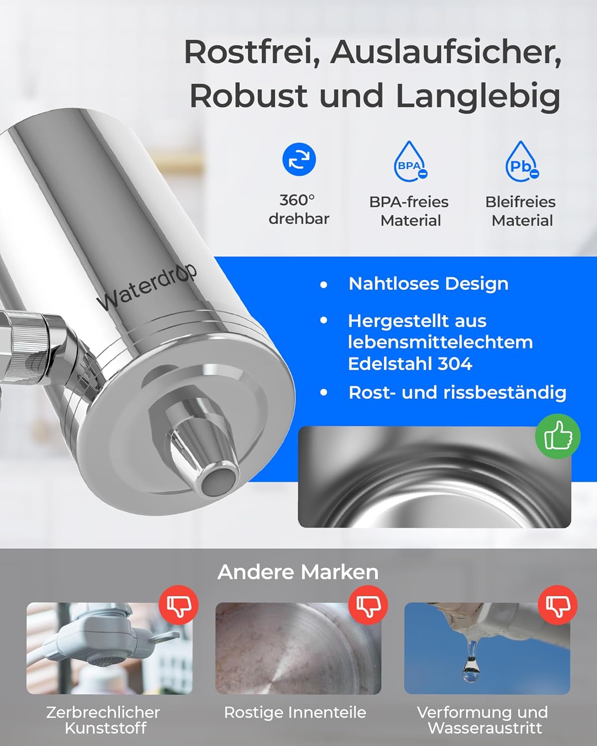 Thumbnail 5 de Waterdrop WD-FC-06 Wasserhahn aus Rostfreiem Stahl – Kohleblock Filter System (4 Filter inklusive)