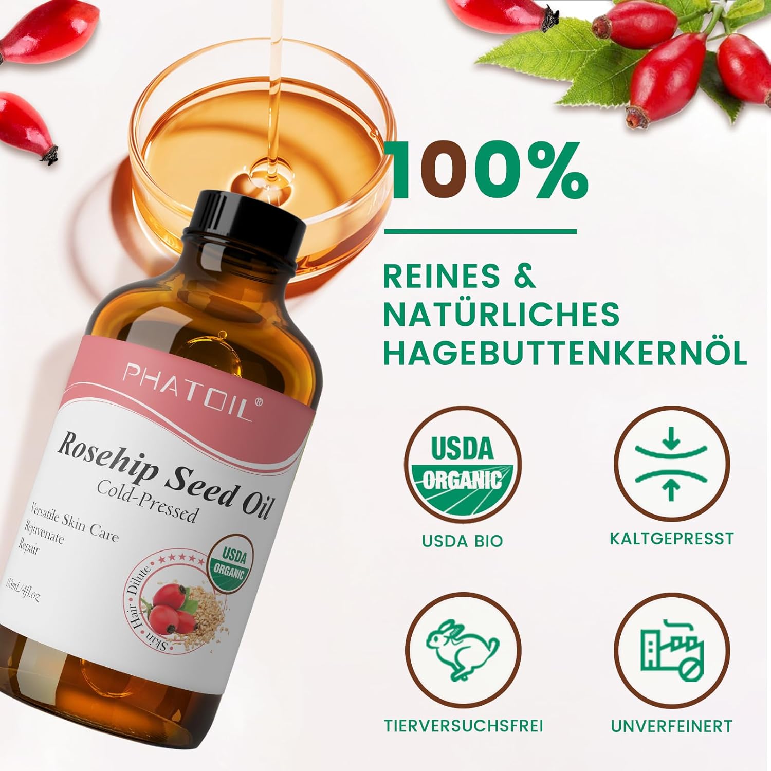 Detalle 2 de PHATOIL Hagebuttenöl Bio Kaltgepresst 118 ml Feuchtigkeitspflege