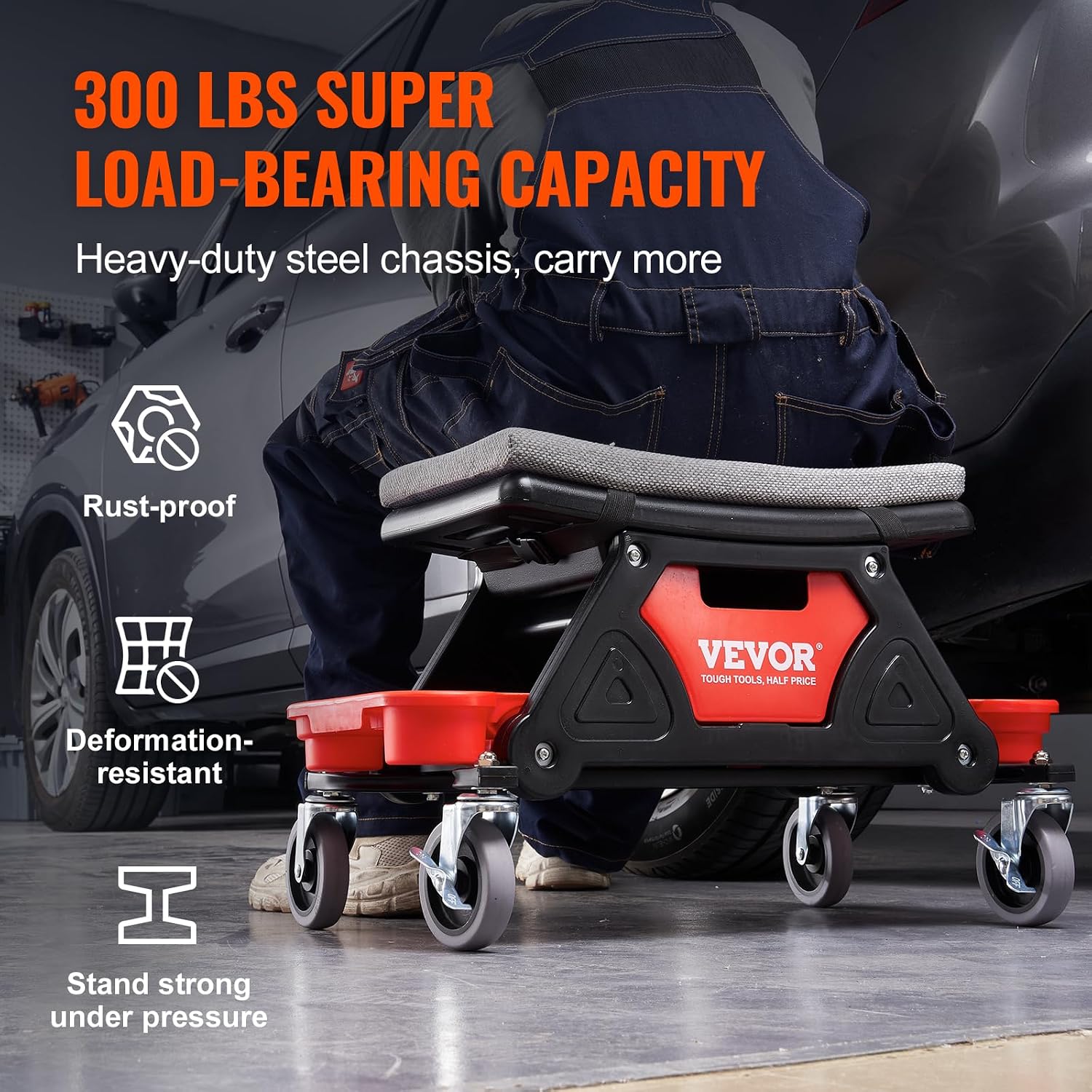 Thumbnail 6 de VEVOR 300 LBS Capacity Garage Stool, Rolling Mechanic Seat with Tool Trays