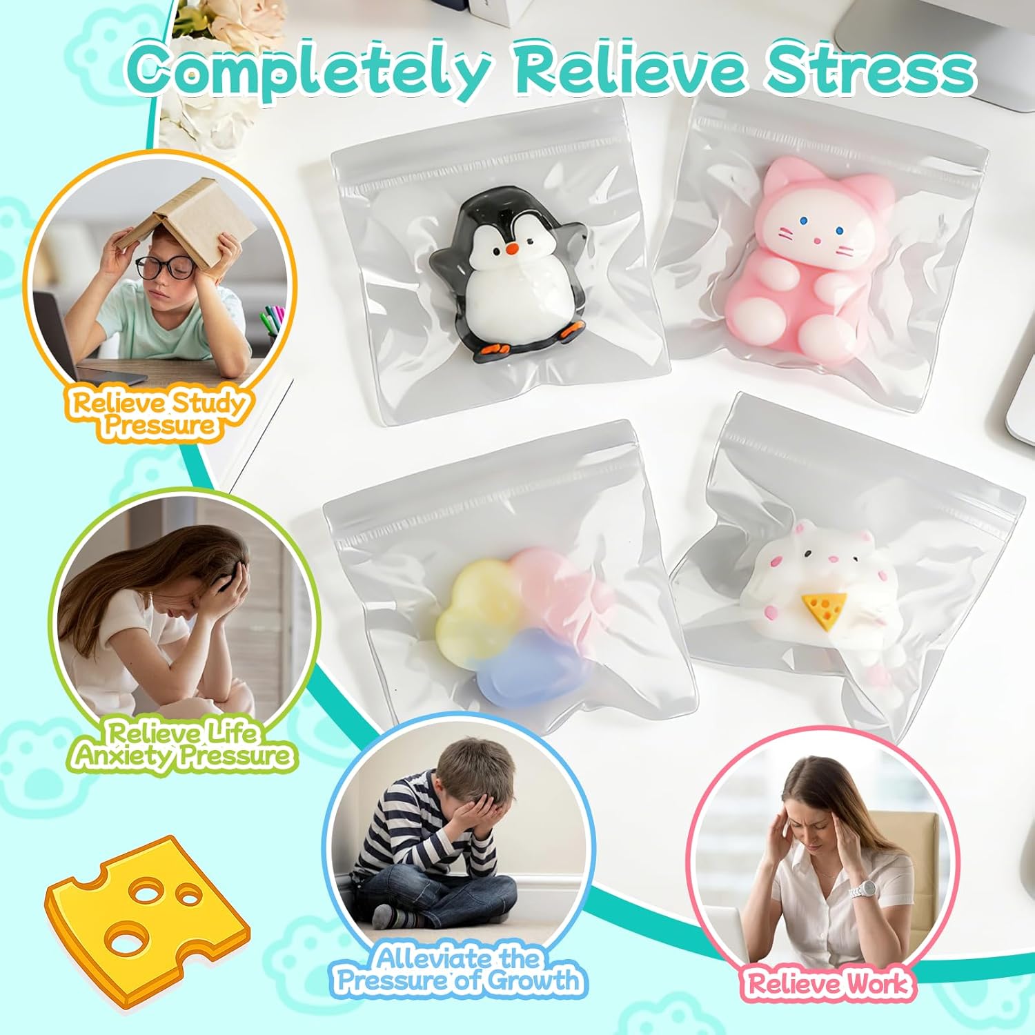 Detalle de Taba Squishy 4-Piece Kit: Cat, Cat Paw, Penguin & Hamster – Stress Relief Fidget Toys