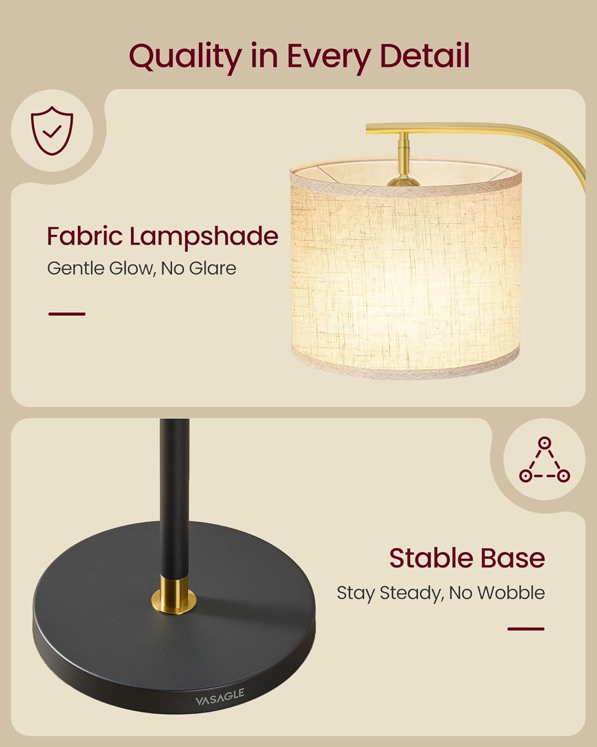 Detalle 2 de VASAGLE Arc Floor Lamp LFL006BD03 – Adjustable 150–175 cm with Fabric Shade and E27 Socket