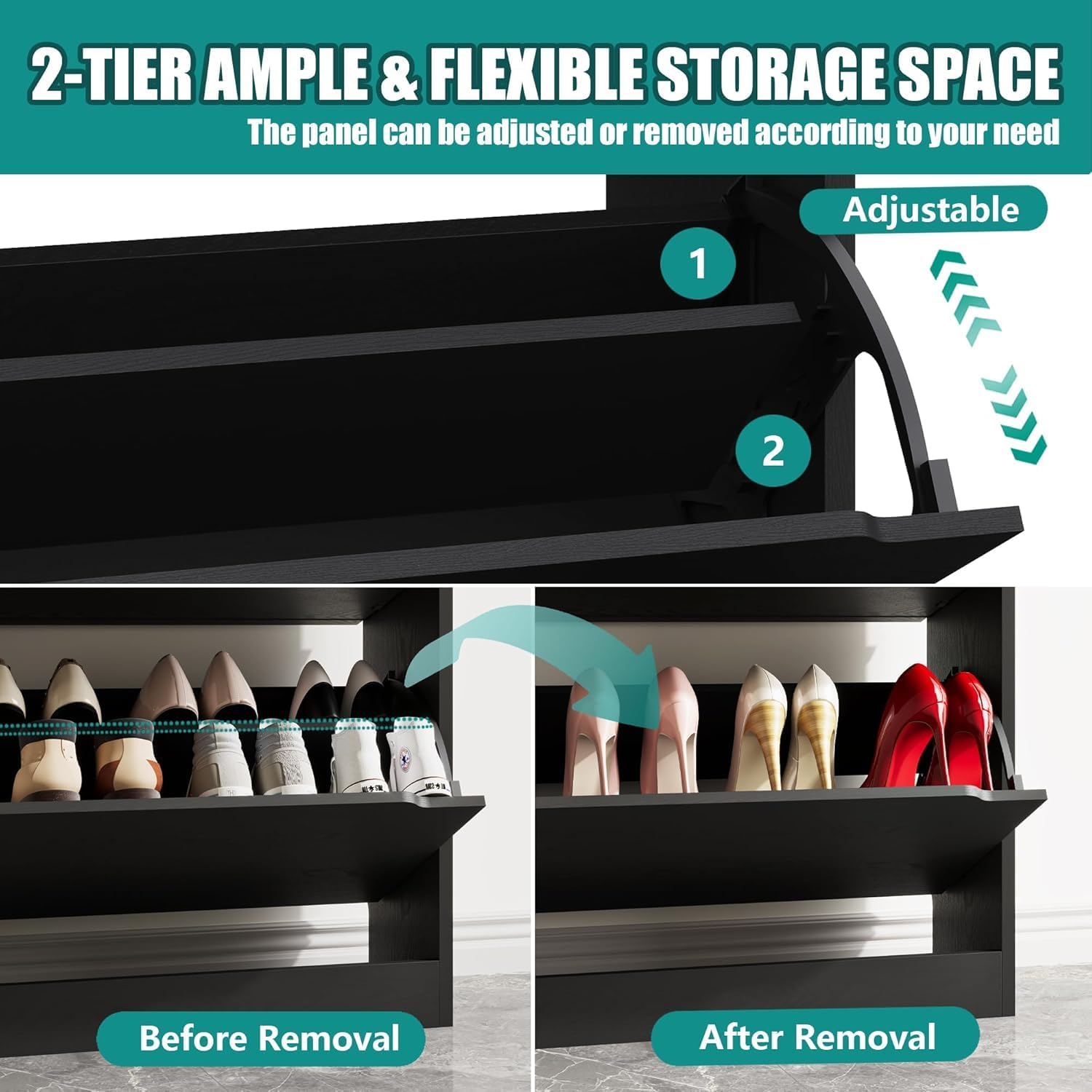 Detalle de Xixini 002 Shoe Storage Cabinet, 2 Flip Drawers, Slim Black Design