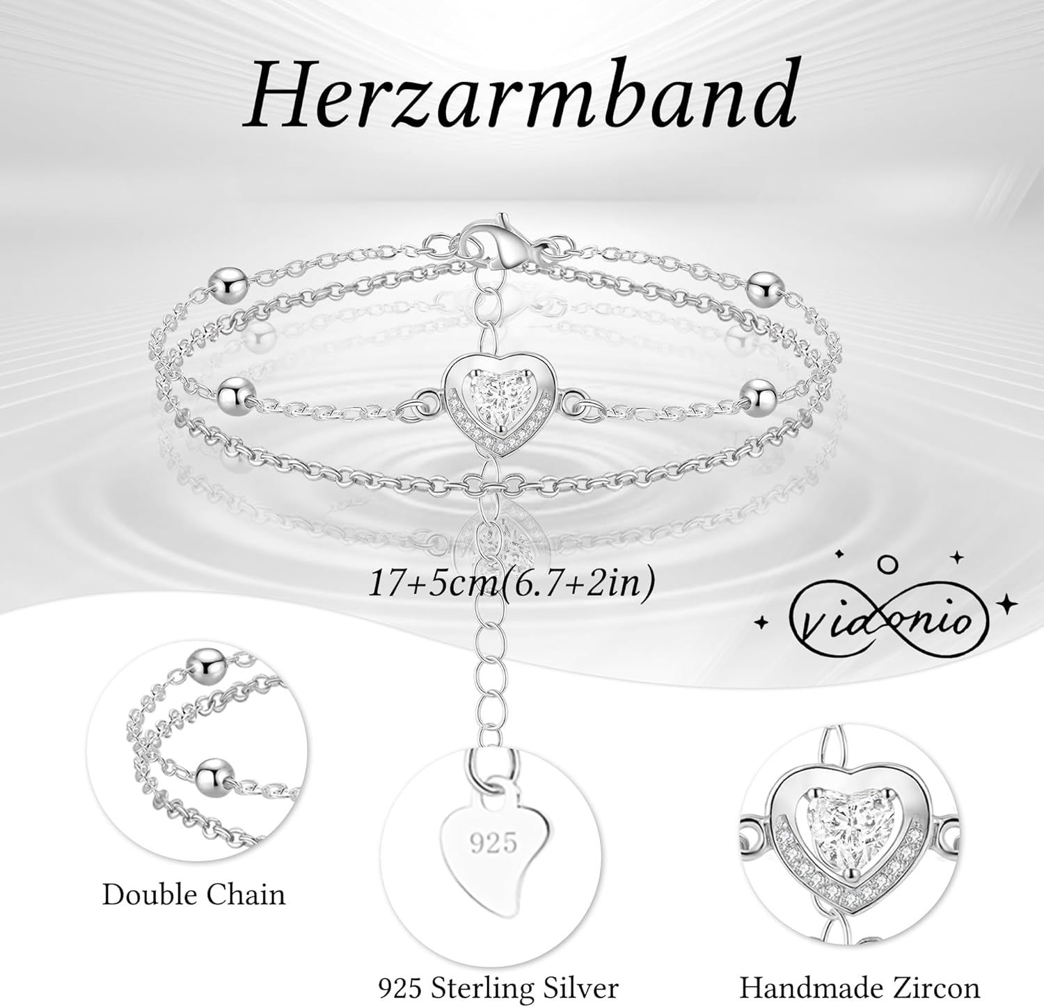 Thumbnail 2 de vidonio Layered Herz-Armband für Damen aus 925 Silber – verstellbar, mit Cubic-Zirkonia